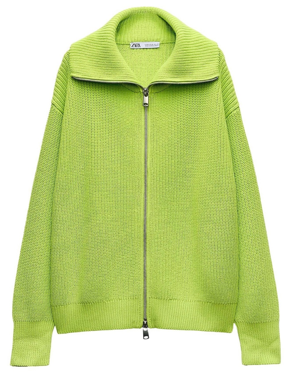 Zara Lime Green Full-Zip Knit Cardigan